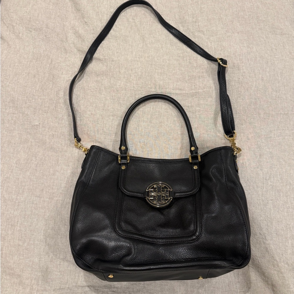 Tory Burch Amanda Black Leather Shoulder Bag with Gold Accents